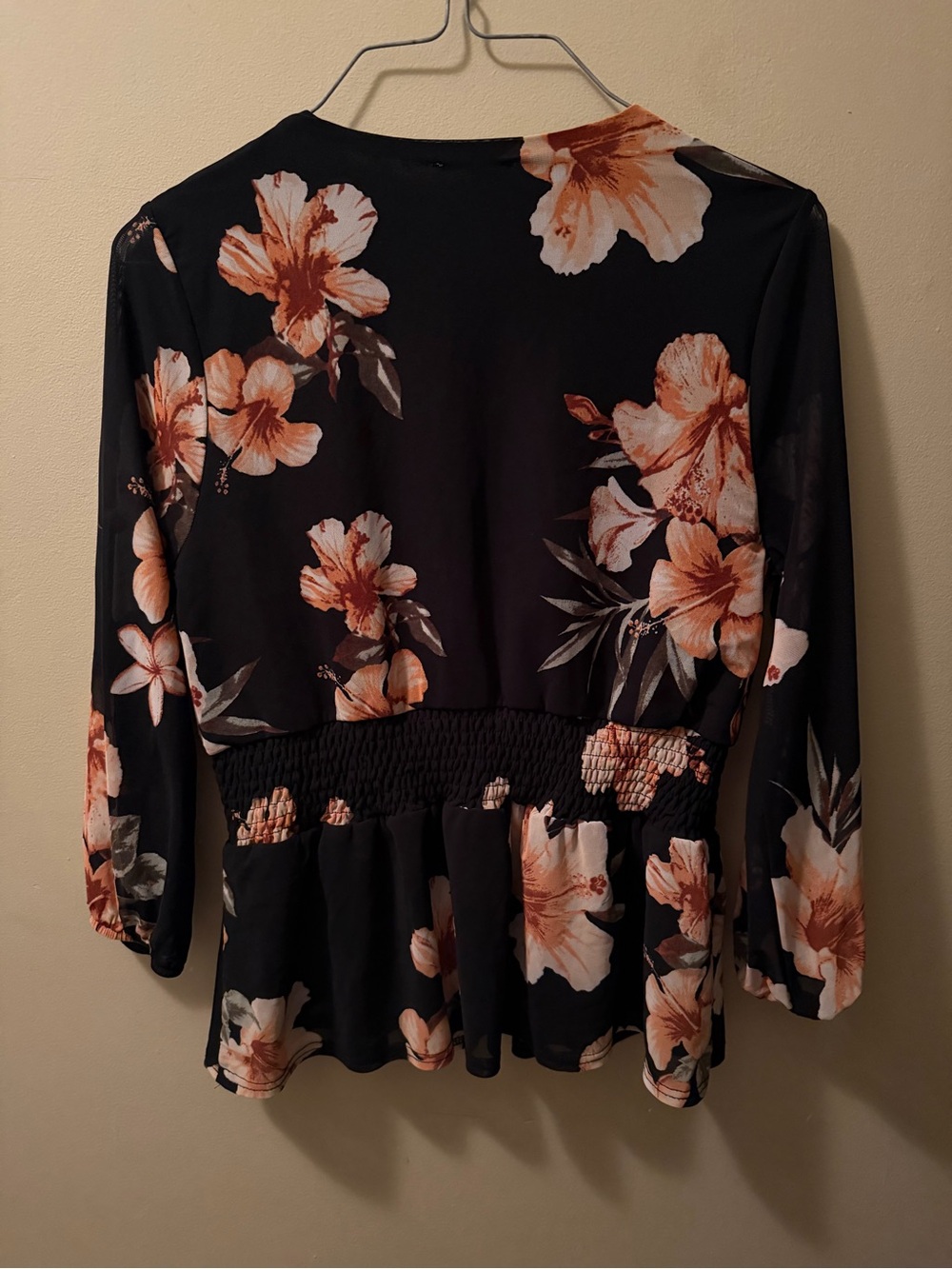 Floral Wrap Peplum Blouse - Black with Peach Blooms - Picture 2 of 5